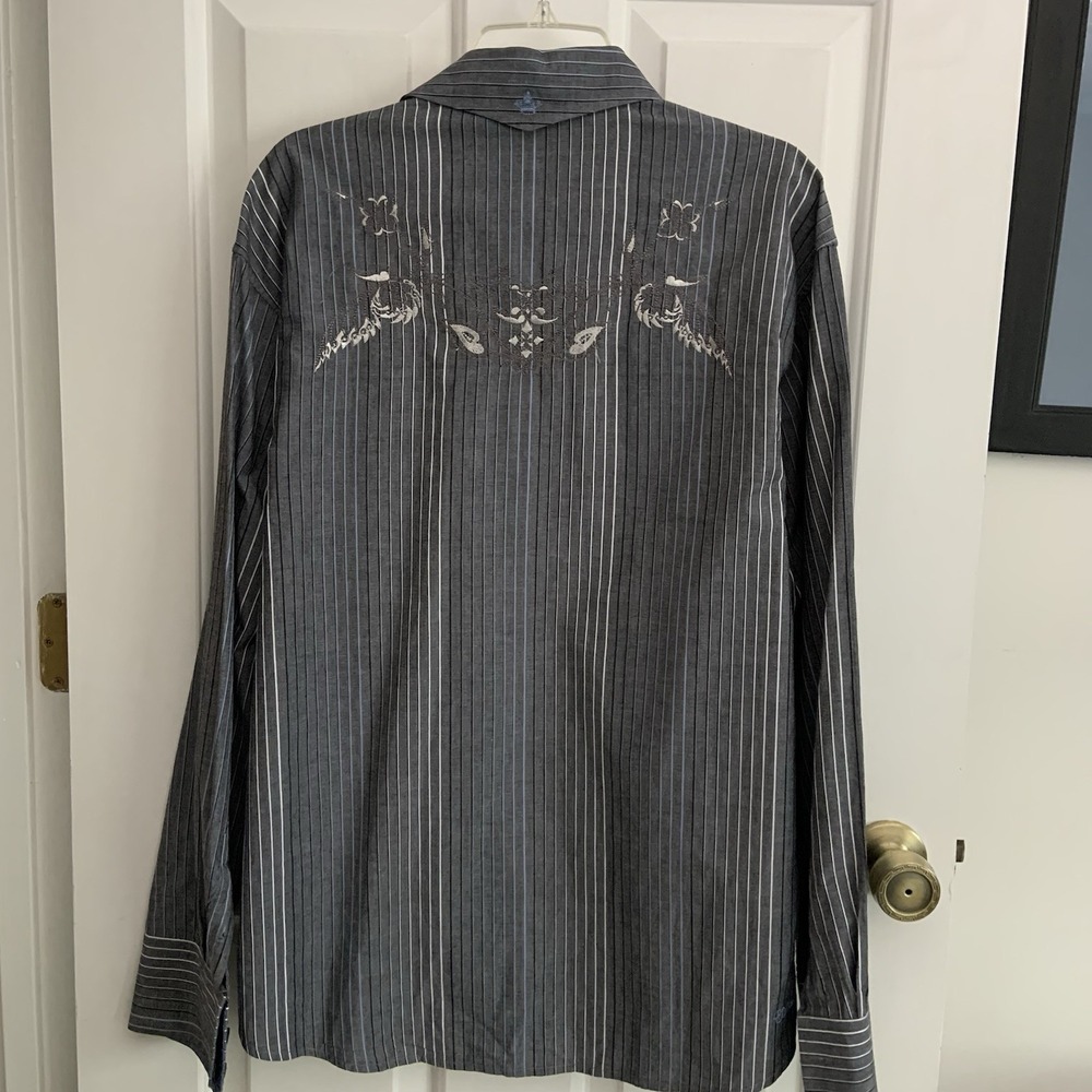 Y2K Embroidered mens Long Sleeve shirt XL English Laundry Gray stripes Flip Cuff
